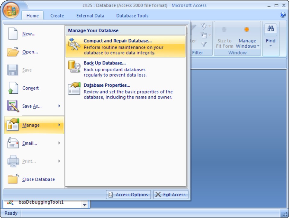 Compacting and repairing a database